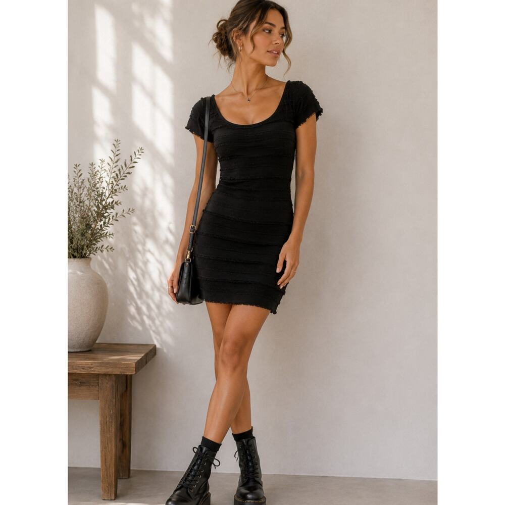 Rag & Bone Black Short Sleeve Bodycon Mini Dress Womens S Frayed Layered Goth